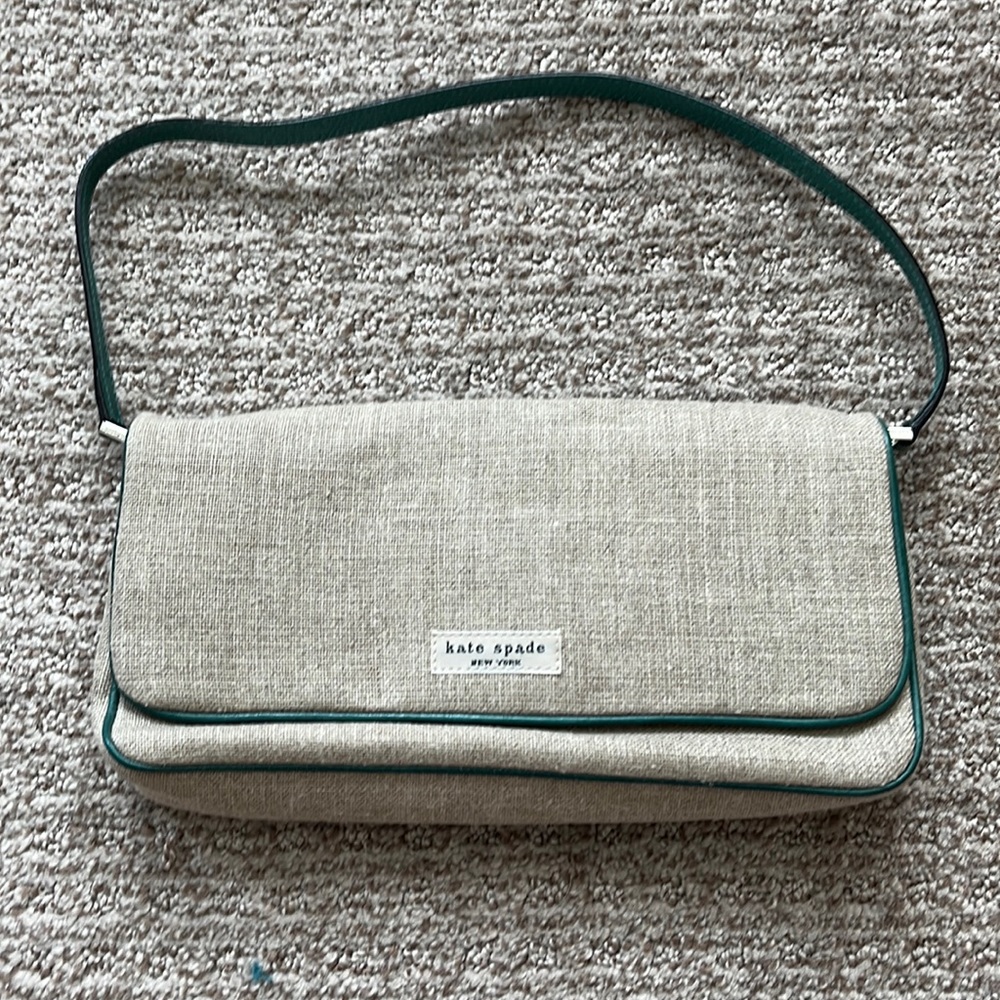 kate spade Beige Canvas Clutch with Dark Green Trim